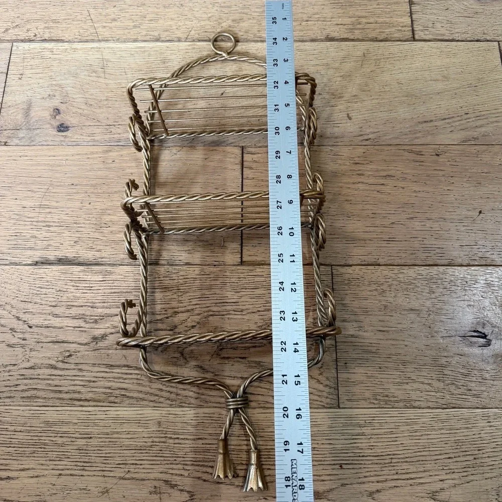 Vintage 3-Tier Wire Wall Shelf Gold Tone MCM Twisted Rope Tassels Ornate